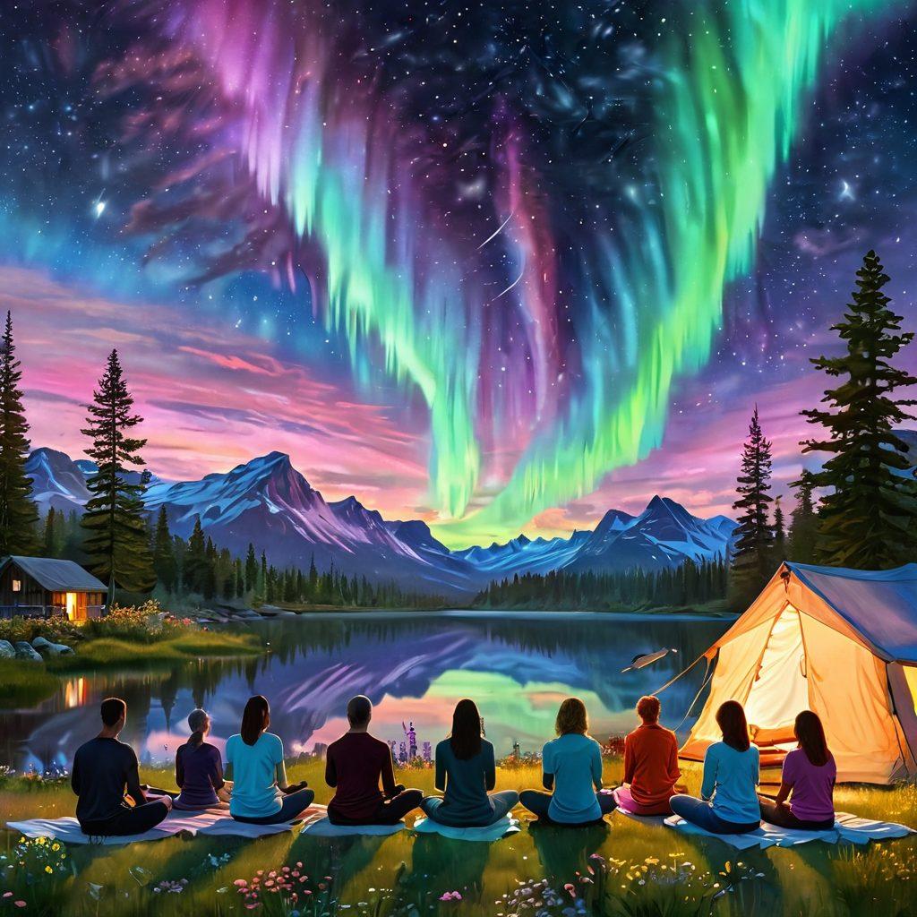 A serene morning scene depicting the aurora borealis illuminating a tranquil landscape where people practice mindfulness. Include soft pastel colors in the sky, reflecting joy and tranquility, with a group of diverse individuals meditating and smiling in harmony. In the foreground, add blooming flowers that symbolize growth and happiness. ethereal glow. super-realistic. vibrant colors.