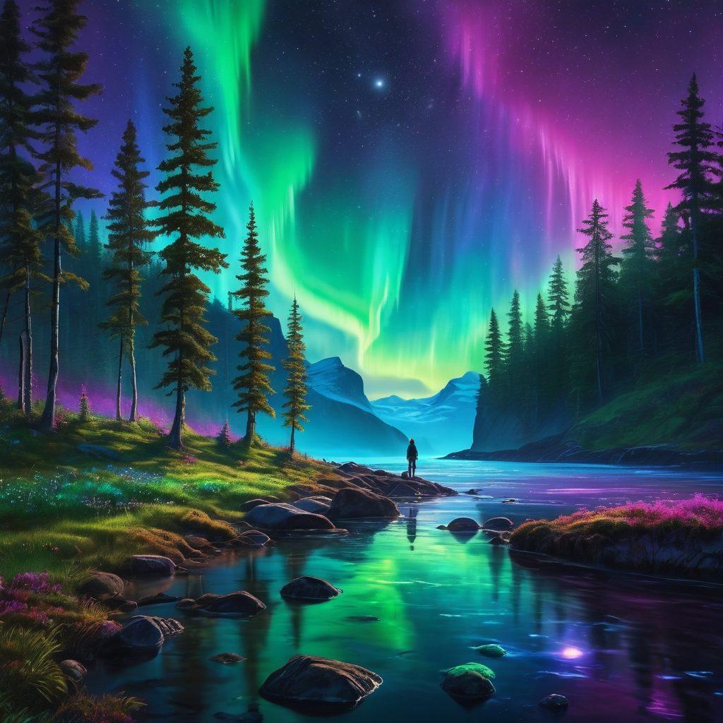 A serene landscape bathed in the vibrant colors of the Northern Lights, with cascading waves of green, purple, and blue illuminating a peaceful forest. A figure stands in awe, reflecting joy and inner peace, with soft glowing orbs symbolizing happiness floating around them. The scene embodies tranquility and self-discovery, inviting viewers to join this journey to bliss. dreamy. vibrant colors. super-realistic.