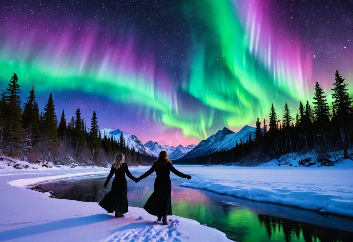 A breathtaking night sky illuminated by vibrant auroras in shades of green, purple, and pink, cascading waves of light reflecting on a serene snowy landscape. Silhouettes of joyful figures dancing beneath the auroras, symbolizing positivity and elation. Soft, ethereal light spreads warmth through the chilly atmosphere, creating an uplifting and inspiring scene. imagery of snowflakes gently falling, enhancing the magical atmosphere. super-realistic. vibrant colors.